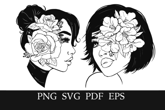 Download 2 Glamorous Floral Line Art Women - Premium Resources